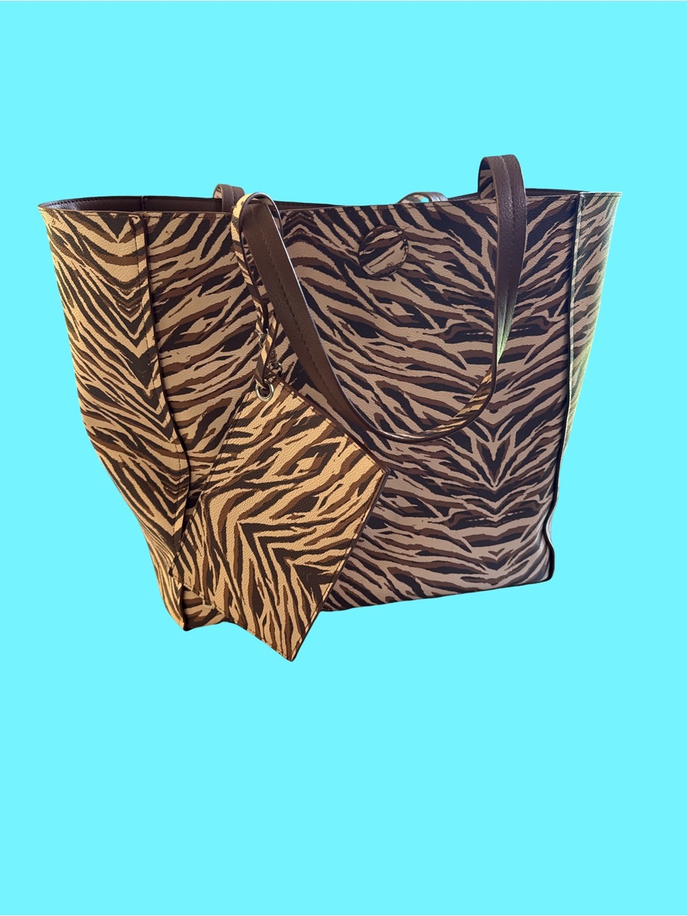 Zebra Print Canvas Tote Bag with Matching Pouch - Brown/Beige